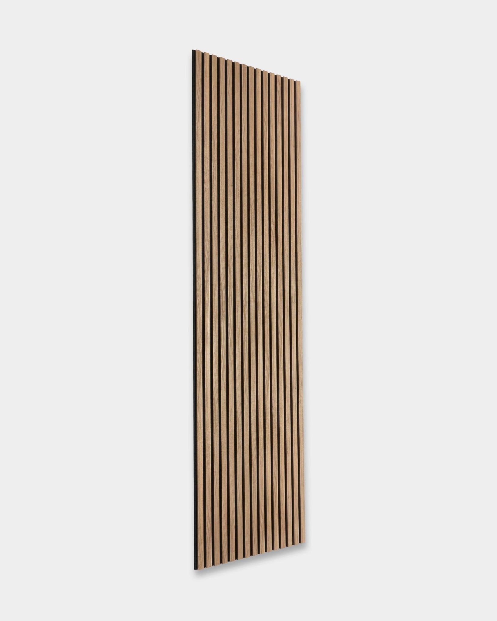WoodUpp Essential Akupanel in English Walnut, 240 x 60 cm, features vertical wooden slats on a plain light gray background. Nordic acoustic wood panel design.